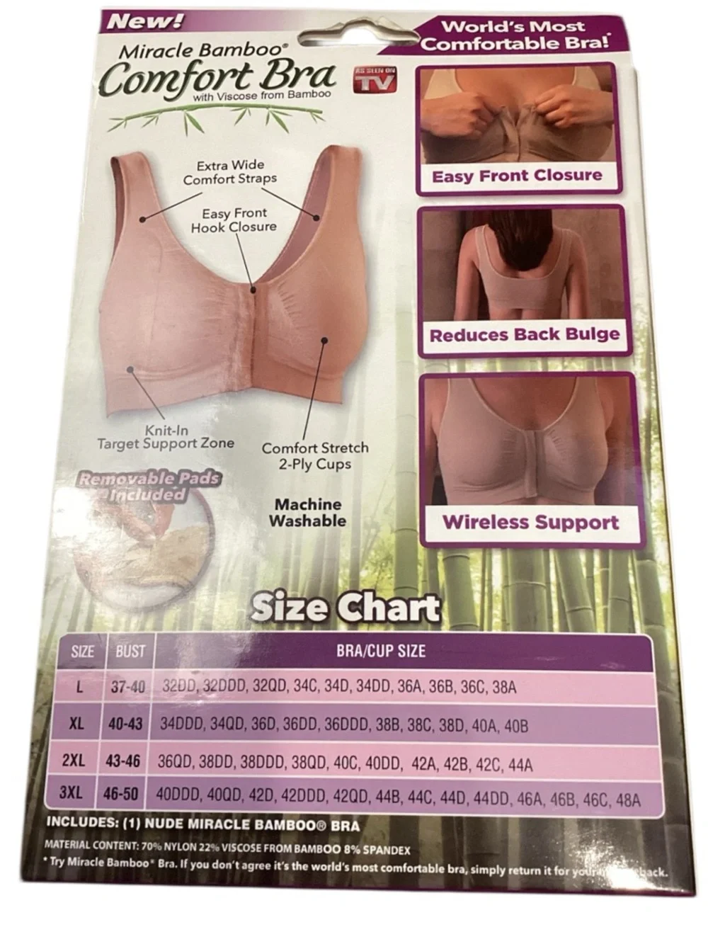 Miracle Bamboo Comfort Bra Nude Front Close Wireless Seamless 3XL Removable Pads